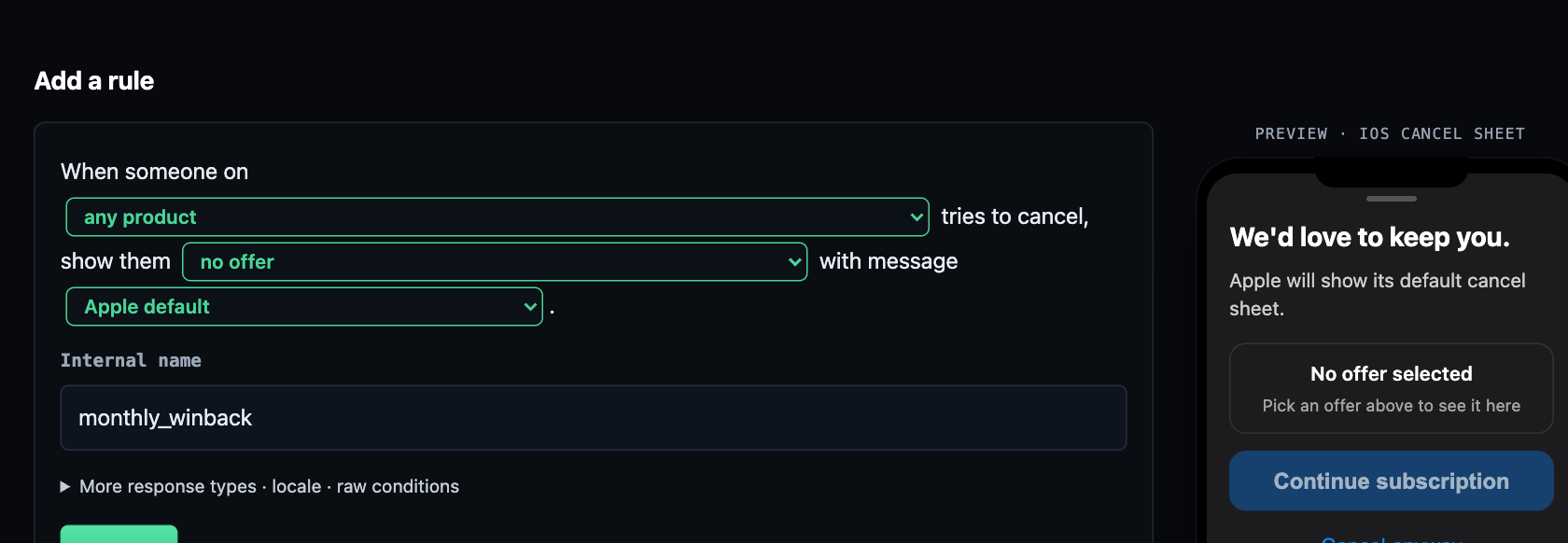 RetainKit rule builder showing a sentence-shaped retention rule alongside a live iOS cancel-sheet preview